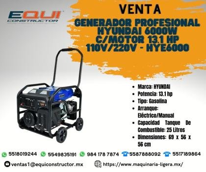 Venta de Generador Profesional Hyundai 6000W C/MOTOR 13.1 HP 110V/220V - HYE6000.