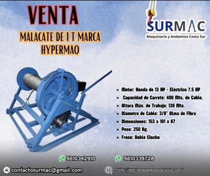 Malacate de 1 Ton. Marca Hypermaq